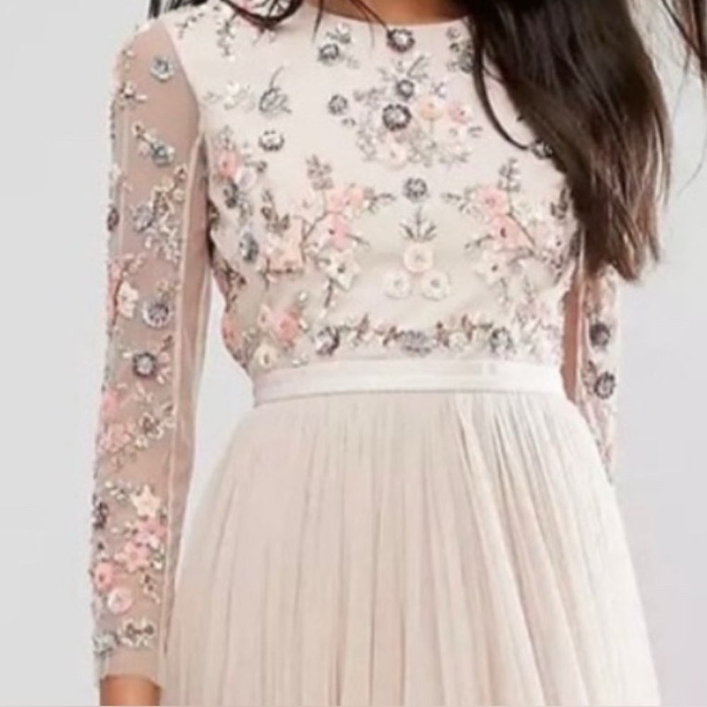 Needle & Thread Floral Embroidered Maxi Dress in Cream and Pink - Picture 3 of 14